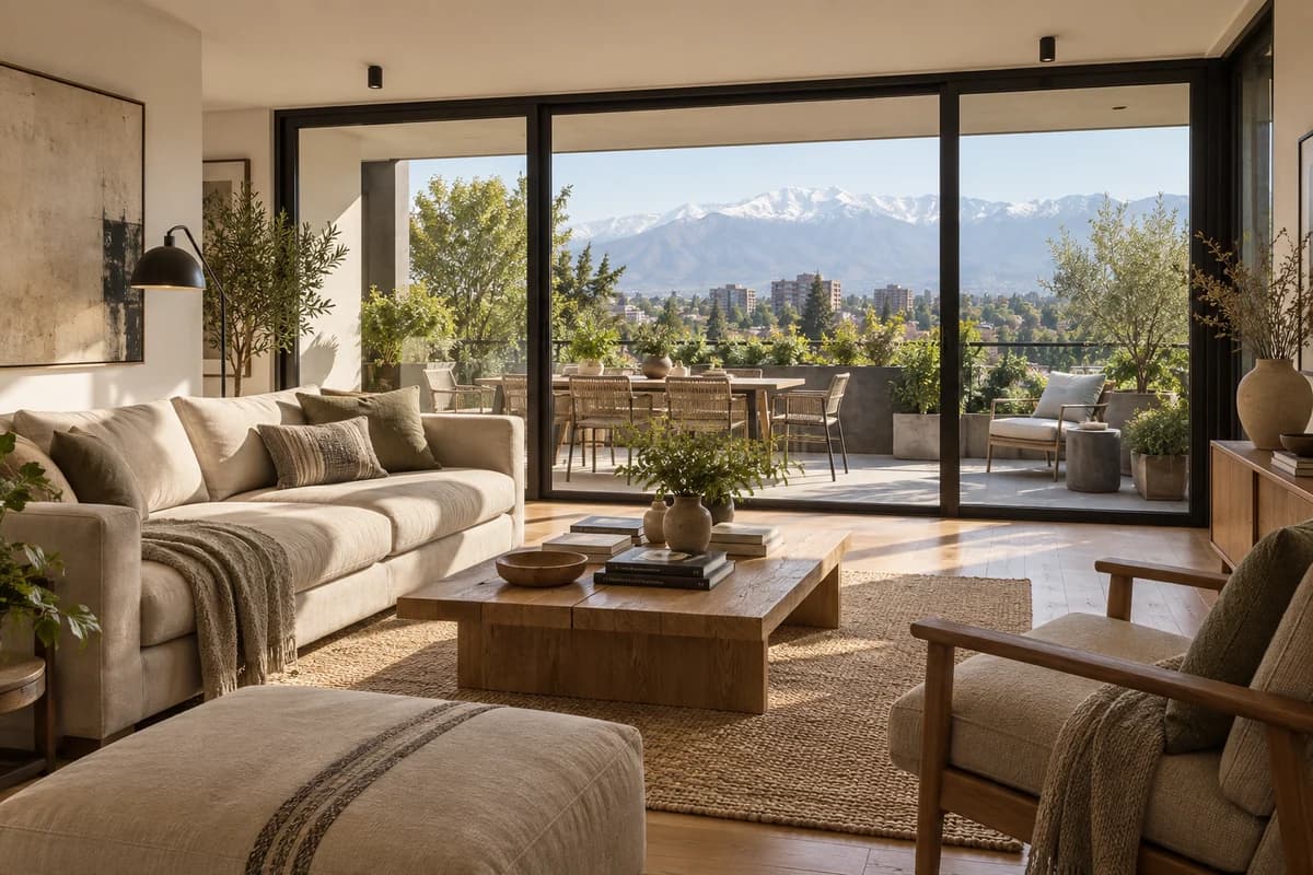 Living con terraza y vista a la cordillera, imagen ilustrativa