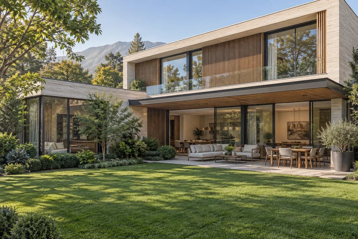 Casa contemporánea con jardín y terraza, imagen ilustrativa